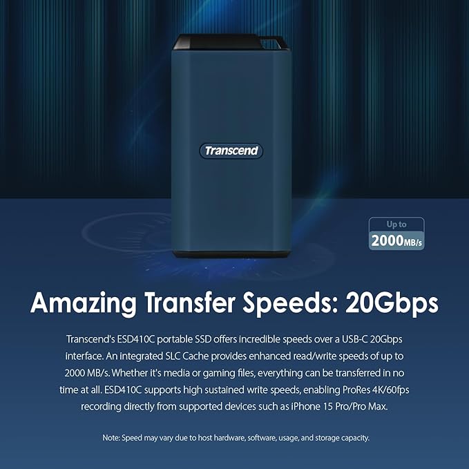 Transcend ESD410 2TB External SSD, Up to 2000MB/s, Supports Apple 4K 60fps ProRes, for iPhone17/15/16/iPad/Mac/Tablets/PS5/Windows/Android, IPX5 Water-Resistant, USB 3.2 Gen2 (20Gbps) Portable SSD