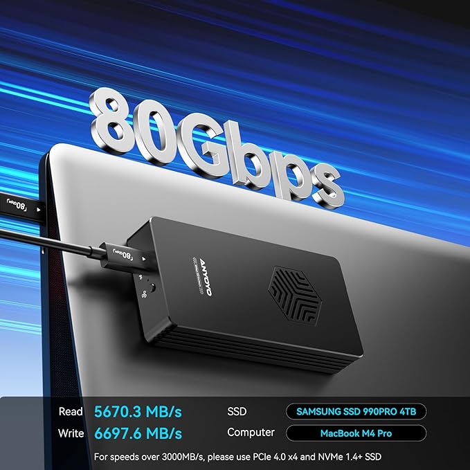 ANYOYO 80Gbps M.2 NVMe SSD Enclosure with Cooling Fan, Aluminium Alloy Enclosure Compatible with Thunderbolt 5/4/3/USB4, Support M/B+M Key SSD, Tool-Free Installation