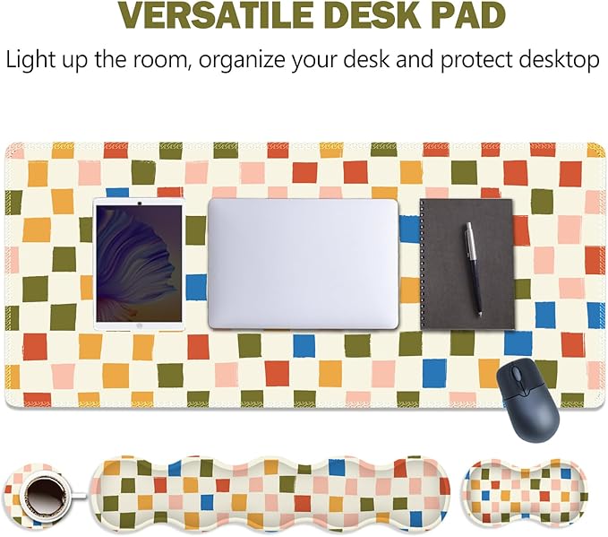 ARTSO Large Mouse Pad with Keyboard Wrist Pad and Mouse Wrist Pad Set, Ergonomic Computer Desk Wrist Support Mousepad for Keyboard and Mouse-Vintage Color Plaid