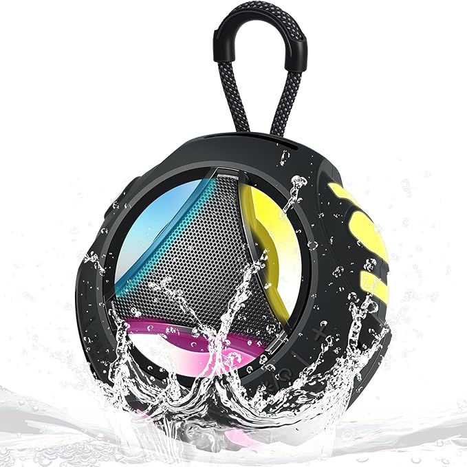 Bluetooth Shower Speaker Waterproof, Portable Bluetooth Speakers Wireless, Outdoor, Floating IPX7, Built-in Mic, 24H Playtime with LED Lights, Loud HD Sound, Powerful Bass, Gifts for Unisex - Black