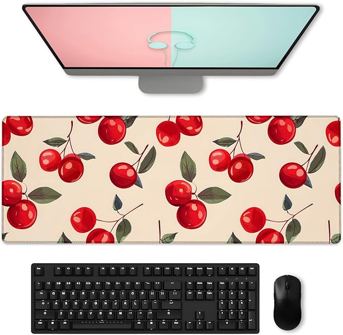 Tasty Cherry Gaming Mouse Pad, Large Fresh Fruit Desk Mat for Laptop Keyboard Computer, Non-Slip Rubber Base Desktop Extended Mousepad for Office Home Accessories 31.5"×11.8"