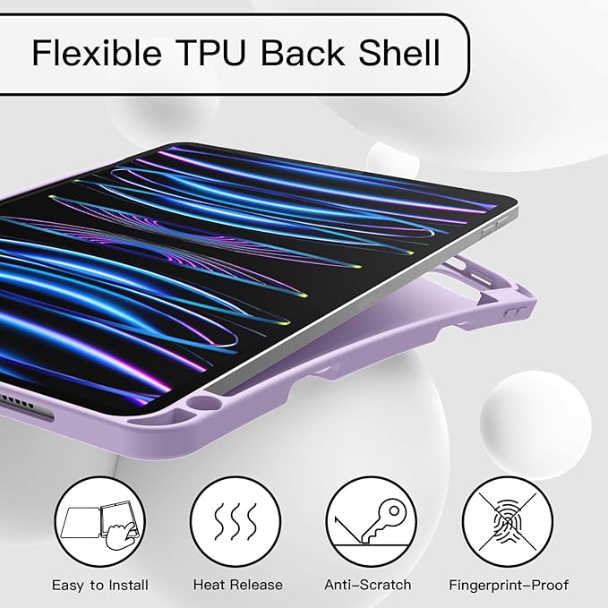 JETech Case for iPad Pro 11 Inch 2022/2021/2020 Model (4th/3rd/2nd Generation), with Pencil Holder, Support 2nd Pencil Charging, Slim Tablet Cover with Soft TPU Back, Auto Wake/Sleep (Light Purple)