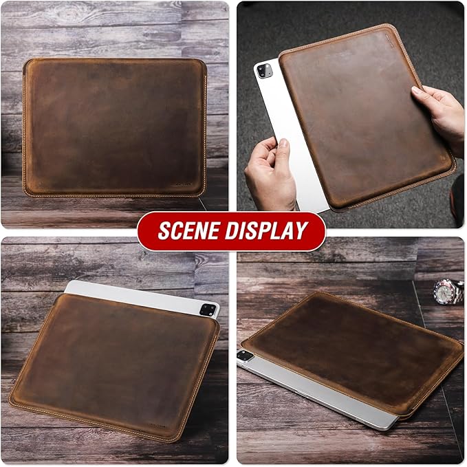 Top Grain Genuine Leather 12.9" iPad Sleeve Case, Minimalist Vintage Design, Handmade, Compatible with 12.9" iPad Pro 3/4/5/6 Gen, Fits A1876 A1865 A1983 A2014 A2229 A2232, Coffee 12.9 Inch