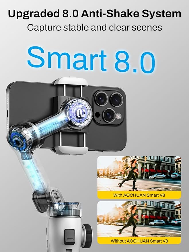 AOCHUAN Smartphone Gimbal Stabilizer for iPhone & Android, 3-Axis Phone Gimbal with Bluetooth Remote Control, Built-in 7.8” Extendable Rod, Face Tracking, Video Stabilizer – Smart V8 Kit White