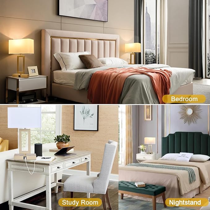 BrightWe Set of 2 Table Lamps with Dual USB Ports,Touch Control Bedside Lamps Nightstand Lamps for Bedroom, 3-Way Dimmable Modern Desk Lamps Living Room Office, LED Bulbs Included, Gold&White