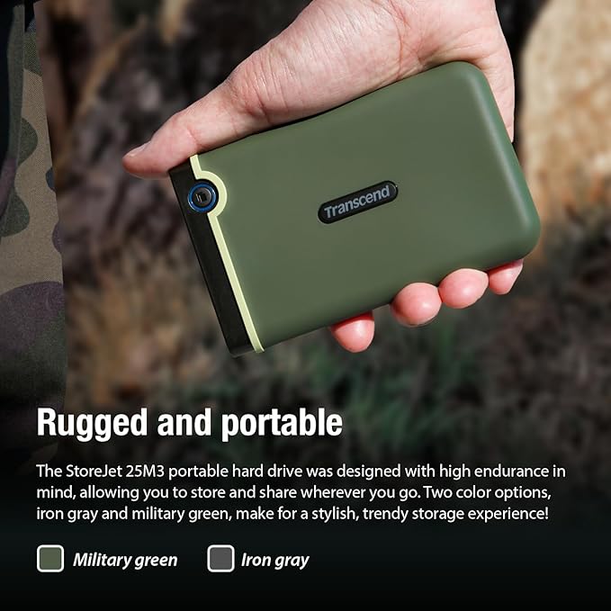 Transcend StoreJet 2TB Rugged External Hard Drive, USB3.1(5Gbps) Portable HDD w/One Touch Auto-Backup Button/Anti-Shock Resistant/Compact&Lightweight/Lightning-Fast Speeds, Iron Gray - TS2TSJ25M3S