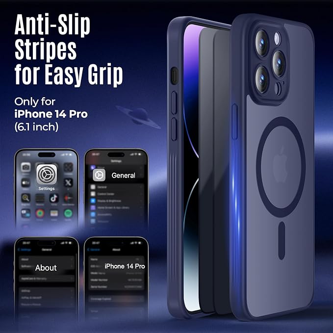 Symcele Designed for iPhone 14 Pro Case, Compatible with MagSafe, with Privacy Screen Protectors X2, [Camera Protection] [15FT Military Drop Protection] Shockproof Phone Case, 6.1", Deep Blue