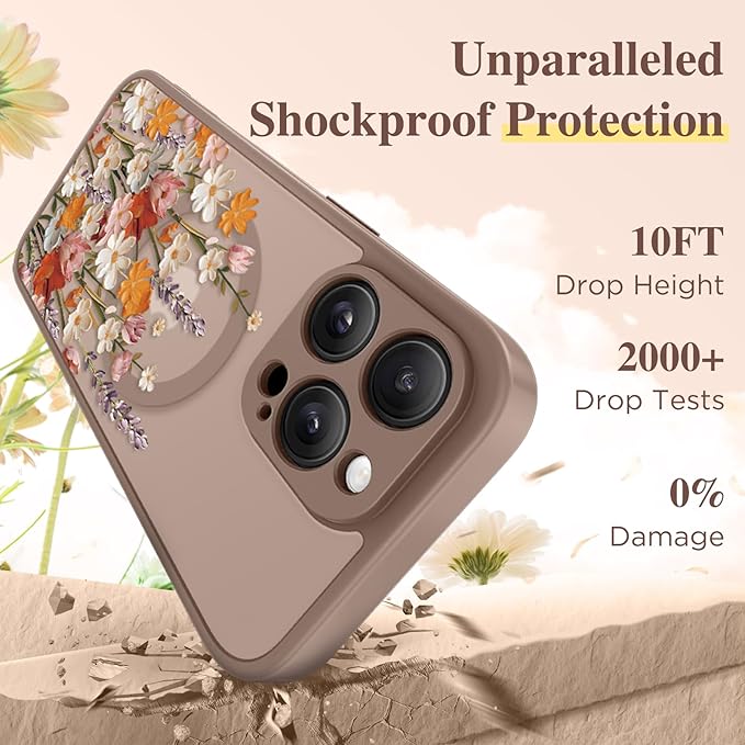 GVIEWIN for iPhone 16 Pro Max Case Compatible with MagSafe, [Military Grade Protection] [Screen Protector] Full Camera Protection Floral Translucent Women Magnetic Phone Case, Primrose/Gold