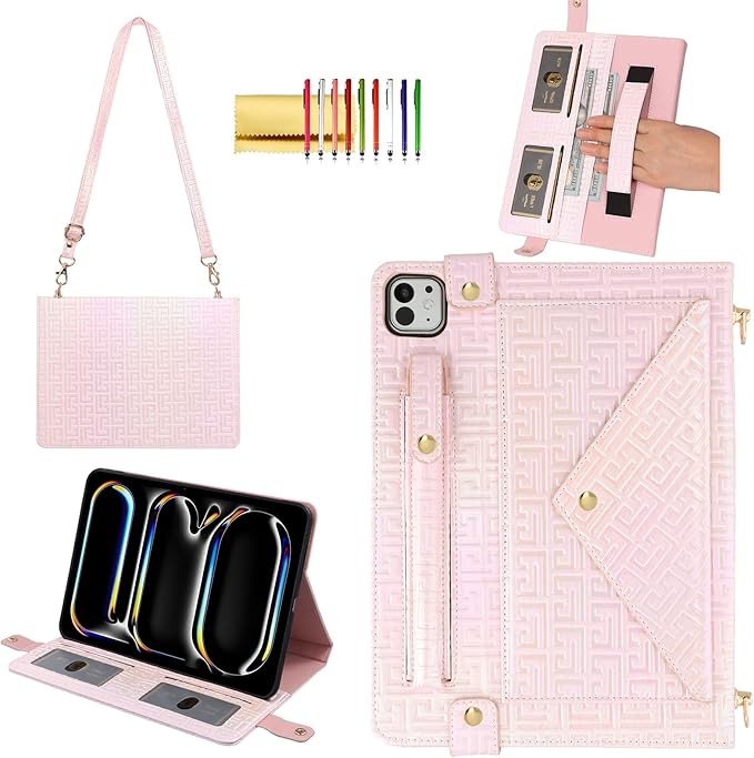 Shiny Case for iPad Pro 13" M5 M4 (2025/2024) Handbag Case, Techcircle Iridescent PU Leather Folio Envelope Pocket Stand Cover with Hand Strap+Shoulder Strap+Pencil Holder+Card Slots, Shiny Pale Pink