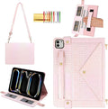 Shiny Case for iPad Pro 11" M5 M4 (2025/2024) Handbag Case, Techcircle Iridescent PU Leather Folio Envelope Pocket Stand Cover with Hand Strap+Shoulder Strap+Pencil Holder+Card Slots, Shiny Pale Pink