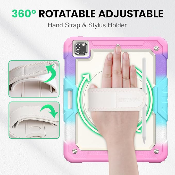 SEYMAC Case for iPad Pro 12.9 2022/2021/ 2020/2018, Heavy Duty Protection Shockproof Case with Screen Protector, 360° Rotating Stand/Handle/Shoulder Strap, Supports Pencil 2 Charging, Colorful Pink