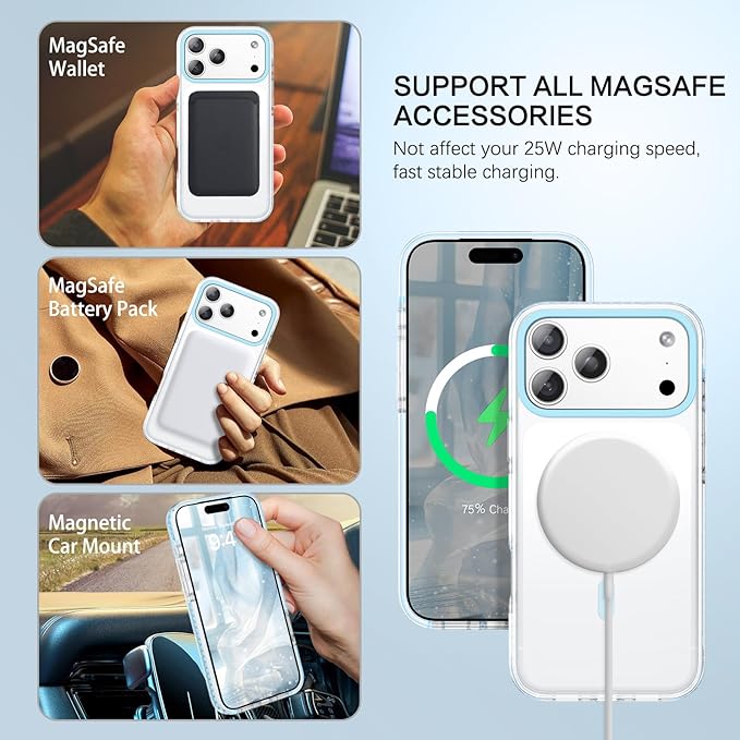 BENTOBEN Magnetic for iPhone 17 Pro Max 6.9" Case, Compatible with Magsafe Military Shockproof Protective Bumper Cute Transparent Slim Anti-Yellowing Phone Case for iPhone 17 Pro Max Cover, Clear Blue
