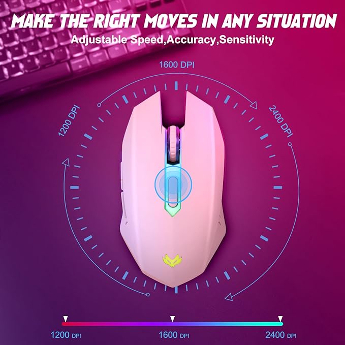 Wireless Gaming Mouse, Rechargeable Computer Mouse, 7-Color LED Light, Ergonomic Mouse with 6 Silent Click Buttons, 3 Adjustable 2400 DPI Wireless Mouse for Laptop,PC,Mac, Pink
