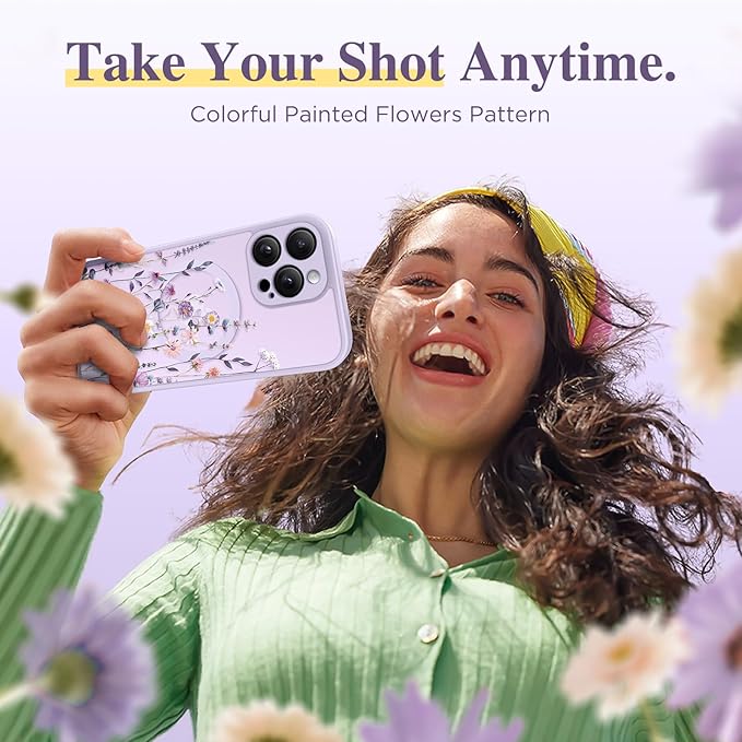 GVIEWIN for iPhone 16 Pro Max Case Compatible with MagSafe, [Military Grade Protection] [Screen Protector] Full Camera Protection Floral Translucent Women Magnetic Phone Case, Floratopia/Colorful