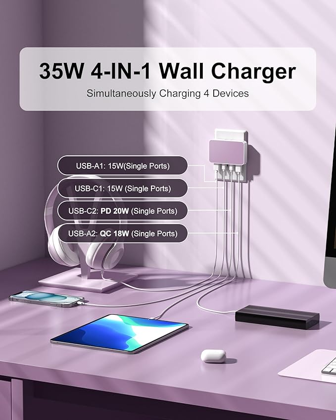 Flat USB Wall Charger 4 Ports Slim 35W USB-C/A Flodable Plug Fast Charging Block for iPhone 8/9/10/11/12/13/14/15 Multiport Power Charging Adapter for ipad and Galaxy Series S8-10 Purple