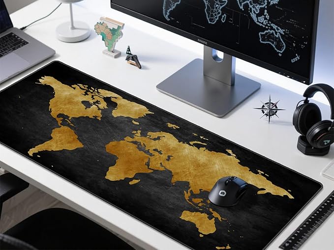 Rinaze Mouse Pad Desk Mat, Multifunctional Large Gaming Mousepad, Office Desk Pad with Washable Durable Design, Keyboard Pad in Black World Map