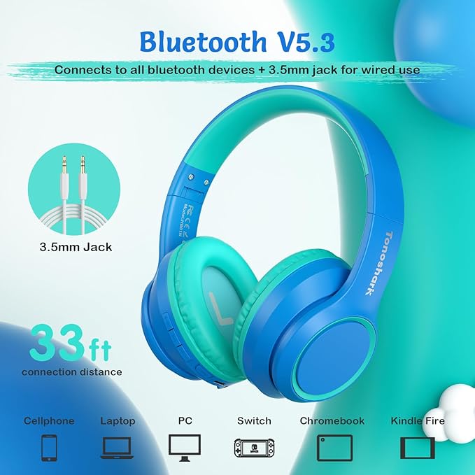 TONOSHARK Kids Bluetooth Headphones with Active Noise Cancelling, Wireless Over-Ear Headphones for Boys Girls, Foldable, Adjustable, 40H Playtime, Mic for School Travel(Blue)