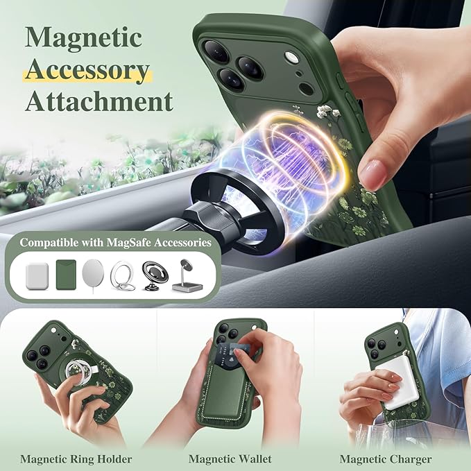 GVIEWIN for iPhone 17 Pro Case Compatible with MagSafe [Curly Wave Edge][Full Camera Protection]Floral Translucent Shockproof Magnetic Women Phone Case for iPhone 17 Pro 6.3'', Floratopia/Forest Green