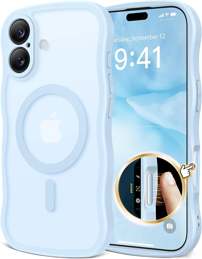 CAPRARO Magnetic for iPhone 17 Case for Women Girls, Upgraded [Full Camera Protection] [Compatible with MagSafe] Cute Wave Translucent Matte Phone Case for iPhone 17, Light Blue