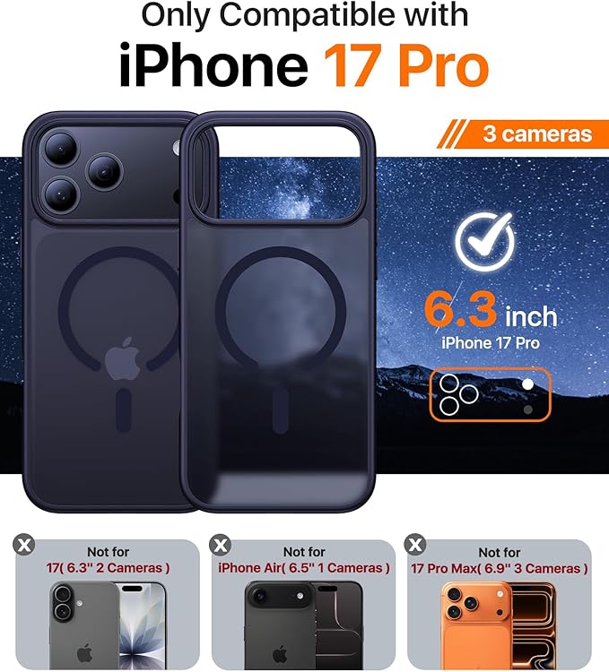Magnetic for iPhone 17 Pro Case,[Anti-Slip][Compatible with MagSafe][Military Grade Drop Protection] Shockproof Protective Translucent Matte Phone Case for iPhone 17 Pro Case,Titanium Blue