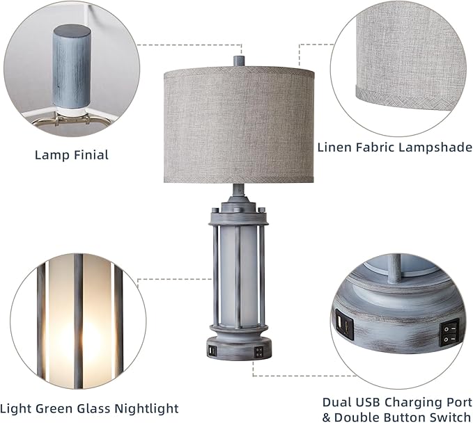 AIEAMPDO Rustic Table Lamp for Bedroom Living Room with 2 USB Ports, Farmhouse Vintage Nightstand Lamp 25'' with Light Green Glass Nightlight, Antique Retro Desk Lamp for Entryway, 2 Bulbs Included