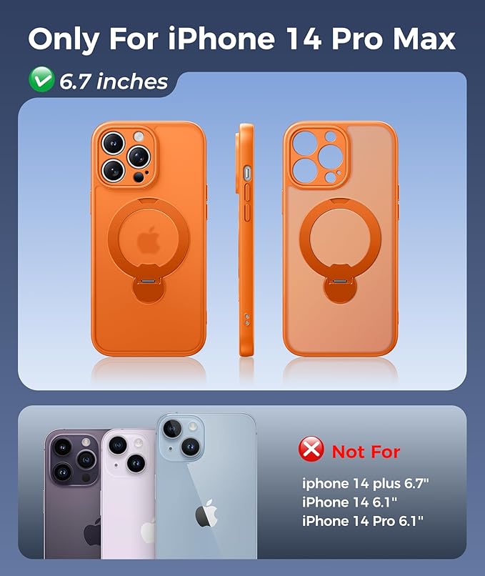 FNTCASE for iPhone 14 Pro-Max Case: [360 Spin Magnetic Stand] [Compatible with Magsafe] [Screen Protector] Translucent Matte Military Grade Shockproof Full Camera Protective Phone Cover - Orange