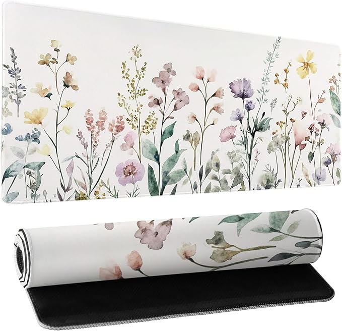 Floral Desk Mat Beige Boho Desk Pad Large Extended Gaming Mouse Pad XL Cute Minimalist Flowers Keyboard Mat 31.5x11.8 Inch Boho Esthetics Mousepad Big Keyboard Mouse Mat for Home Office Work Game