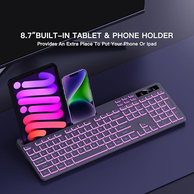 Soueto Wireless Keyboard with 7-Color RGB Backlit, Full-Size Computer Keyboard with Phone Tablet Holder, 2.4G Rechargeable Gaming Keyboard with Light Up Keys, Compatible with Mac, Windows (Grey)