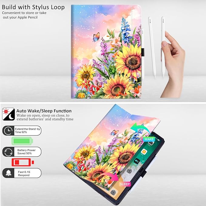 Lokigo Case for iPad Pro 13 Inch (M5/M4), for iPad Air 13 Inch (M4/M3/M2), for iPad Pro 12.9 Inch (6th/5th/4th/3rd) Gen, Typing Stand, Build with Pencil Holder/Card Pocket, Auto Wake/Sleep, Sunflower