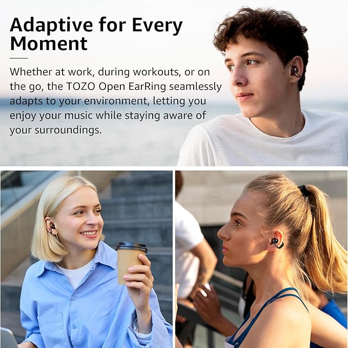 TOZO OpenEarRing True Open Ear Earbuds, Lightweight Comfort Open Ear Clip Wireless Earbuds, 40H Play Bluetooth 5.4 Headphones with Smart Digital Display Design Fit Sports Running, Workout Black