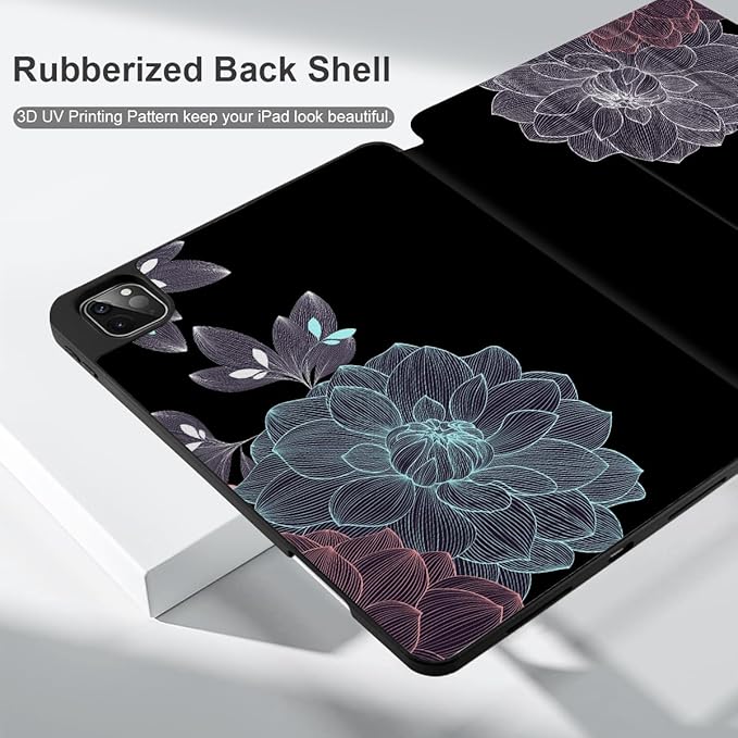 DONGKE Case for 2022/2021/2020/2018 iPad Pro 11 inch Gen 4/3/2/1 - Slim Protective Case - Built in Pencil Holder Support Charging - Trifold Stand & Sleep/Wake Cover - Elegant Flowers