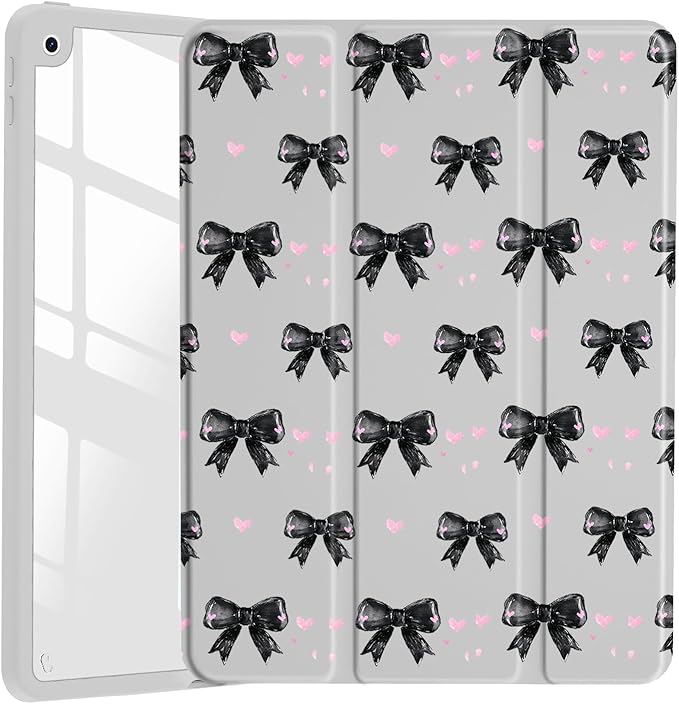 JOYLAND Cute Y2K Black Bow Case for iPad Pro 12.9" 6th/5th/4th/3rd Generation (2022/2021/2020/2018),Girly Clear Acrylic Hard Back Grey Case with Pencil Holder Trifold Stand Tablet Cover