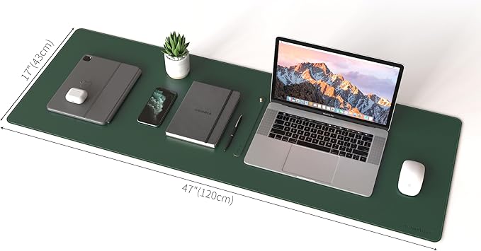 RENMTURE Dual-Sided Mouse Pad, Natural Cork & PU Leather Large Desk Pad for Office and Home Work, Desk Protector Non-Slip, Waterproof, Easy Clean (Dark Green, 47"x17")