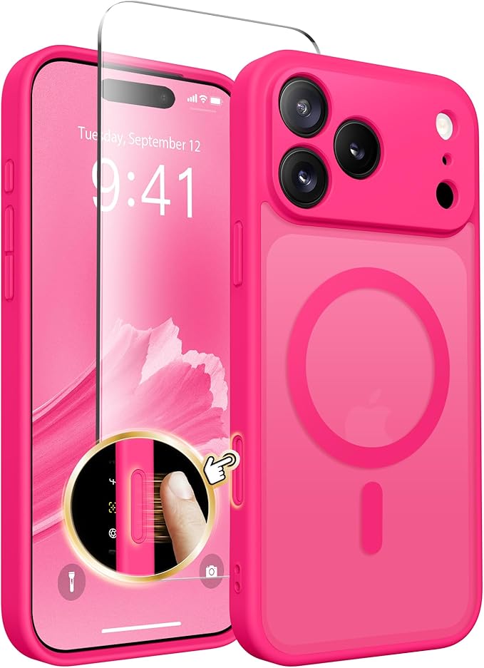CAPRARO Magnetic for iPhone 17 Pro Case, Upgraded [Full Camera Protection] [Compatible with MagSafe] Protective Translucent Matte Women Girl Phone Case Cover, Hot Pink