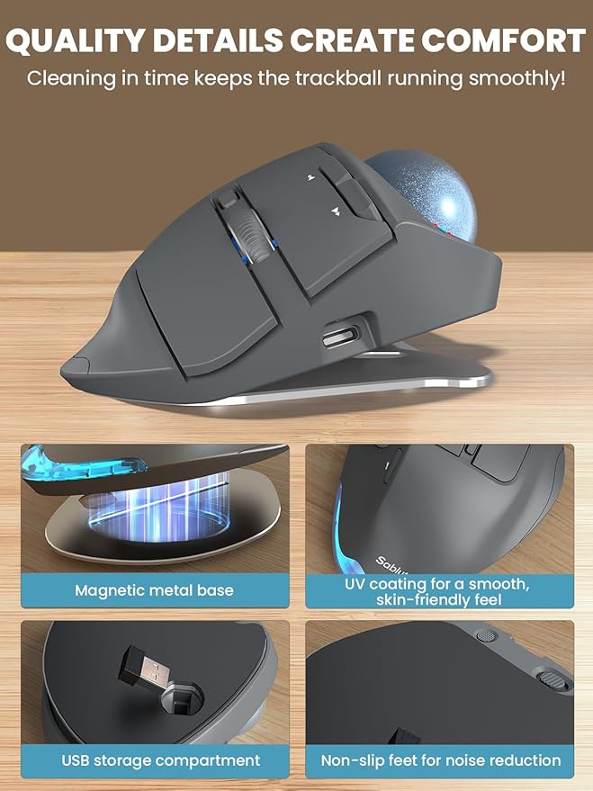MAM1 Pro Wireless Trackball Mouse, Ergonomic Bluetooth Rechargeable Computer Mouse, Backlit Rollerball Thumb mice with 5 Level DPI, Adjustable Angle, 3 Devices Connection for PC, Windows - Gray Mouse