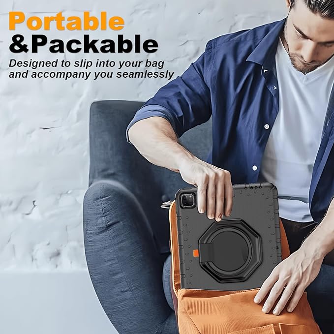 for iPad Pro 12.9 Case 6th/5th/4th/3rd Generation with 360° Rotating Stand & Pencil Holder, Heavy Duty Cute Cover for iPad Pro 12.9 inch 2022/2021/2020/2018, Black