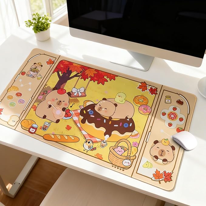 PERFECTSIGHT Cute Capybara Desk Pad Kawaii Desk Mat, Large Gaming Mouse Pad, Funny Deskmat Mousepad, Laptop Keyboard Pad Office Home Decor for Women Girls, Brown
