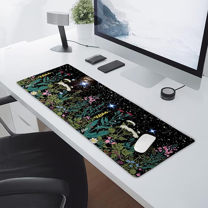 Black Aesthetic Wildflower Large Mouse Pad XL Space Galaxy Weeds Herb Cute Floral Extended Desk Mat Big 80X30 CM Non-Slip Rubber Base Stitched Edge Long Mousepad,31.5×11.8 Inch