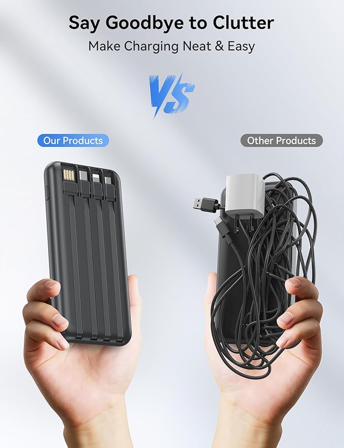 Portable Charger, 10000mAh 22.5W Fast Charging Power Bank with 4 Built-in Cables, Travel Essentials Battery Pack with LED Display, 6 Outputs Charging Bank Compatible with iPhone, iPad, Samsung Black