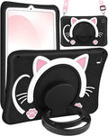 Wazzasoft for Samsung Galaxy Tab S6 Lite 10.4” Case Girls Cute Black Cat Cover Girly Kawaii Cartoon Women Kitten with Rotating Handle Stand & Strap Soft Silicon Funda for Samsung S6 Lite Tablet Cases