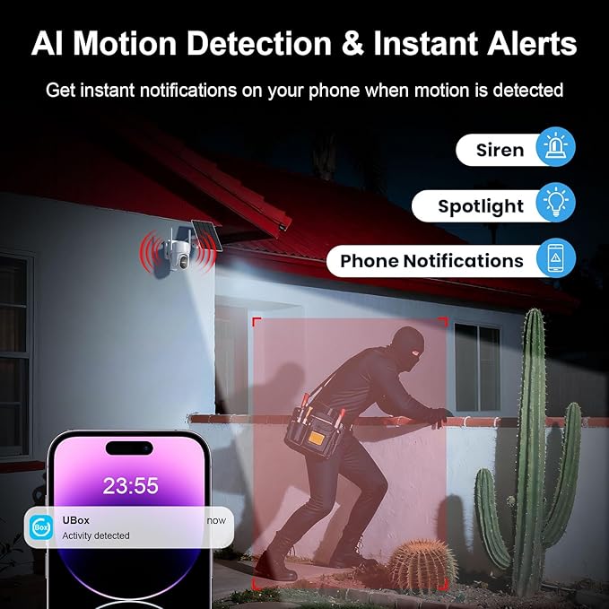 Solar Security Cameras Wireless Outdoor, WiFi Cameras for Home Security, 360° View Outdoor Camera Wireless, 2K Color Night Vision, AI Motion Detection, Instant Alert, 2-Way Audio, Cloud/SD Storage