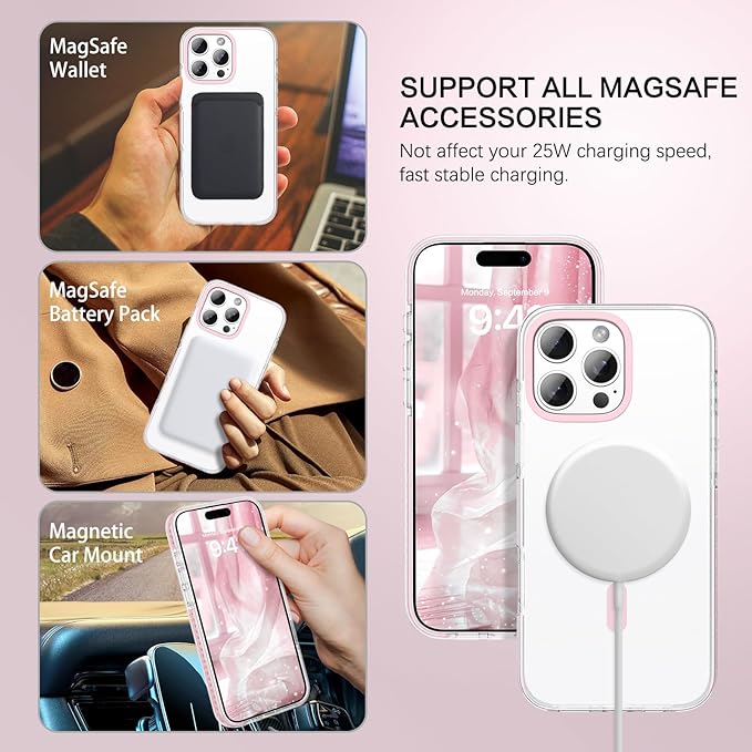 BENTOBEN Magnetic for iPhone 16 Pro Max Case 6.9", Compatible with Magsafe Military Shockproof Protective Bumper Cute Transparent Slim Anti-Yellowing Phone Case for iPhone 16 ProMax Cover, Clear Pink