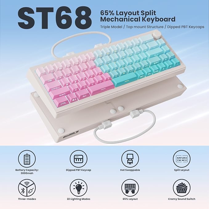 ZORNHER ST68 Wireless Ergonomic Split Mechanical Keyboard,65% Pink & Blue Custom Creamy TKL Keyboard with Knob,Lighted Up PBT Keycaps,Pre-lubed Linear Switches,Hot-Swappable,RGB Backlit