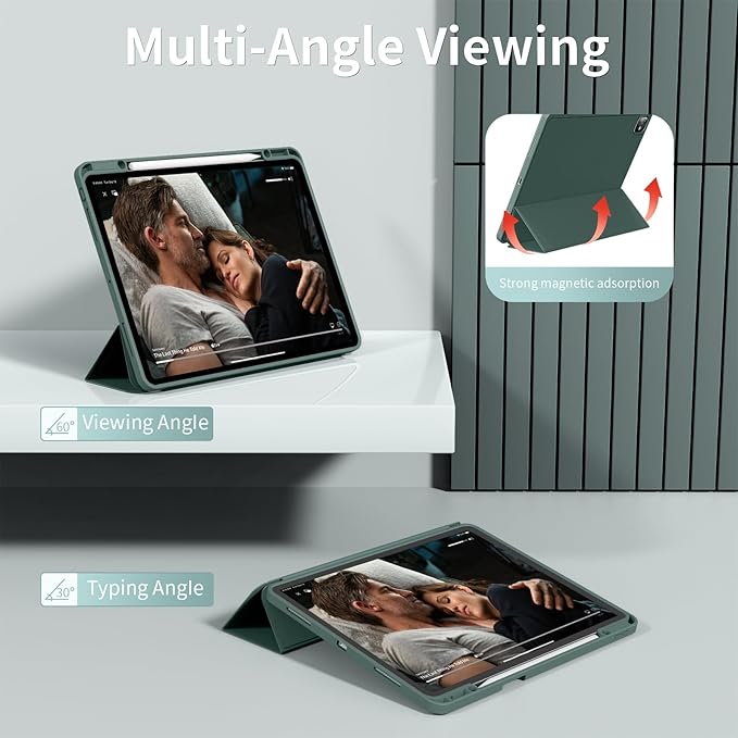 for iPad Pro 13 inch Case (M5/M4) 2025/2024, Slim Protective Cover with Pencil Holder, Soft TPU Back Cover, Trifold Stand, Auto Wake/Sleep, A2925 A2926 A3007 A3362 A3359 (Dark Green)
