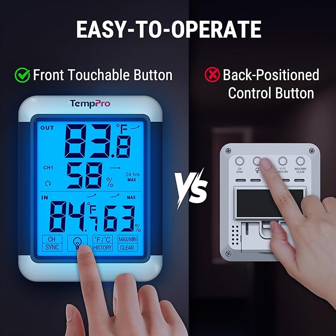 TempPro TP65 Indoor Outdoor Thermometer Digital Wireless Hygrometer Temperature Humidity Monitor with Jumbo Touchscreen and Backlight Humidity Gauge,LCD (Previously ThermoPro)