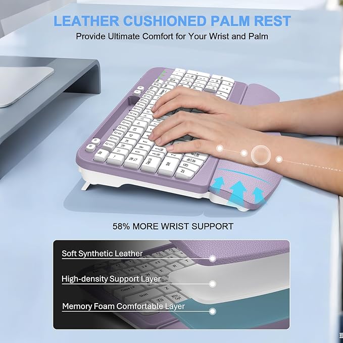 Ergonomic Wireless Keyboard with Cushioned Wrist Rest, Wave Keys, Phone Holder, Comfortable Natural Typing, 2.4GHz Full Size Cordless USB Computer Keyboard for Windows, Mac OS, Laptop, PC (Purple)