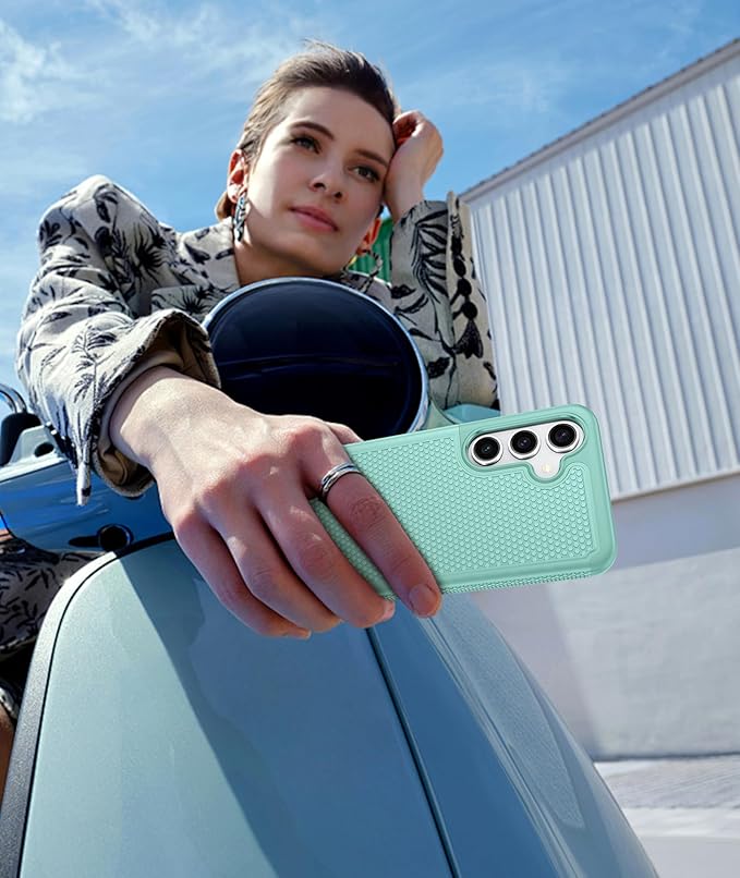 FNTCASE for Samsung Galaxy S24-FE Case: Dual Layer Protective Heavy Duty Cell Phone Cover | Shockproof Rugged with Non-Slip Textured | Military Grade Drop Protection Bumper Tough (Mint Green)