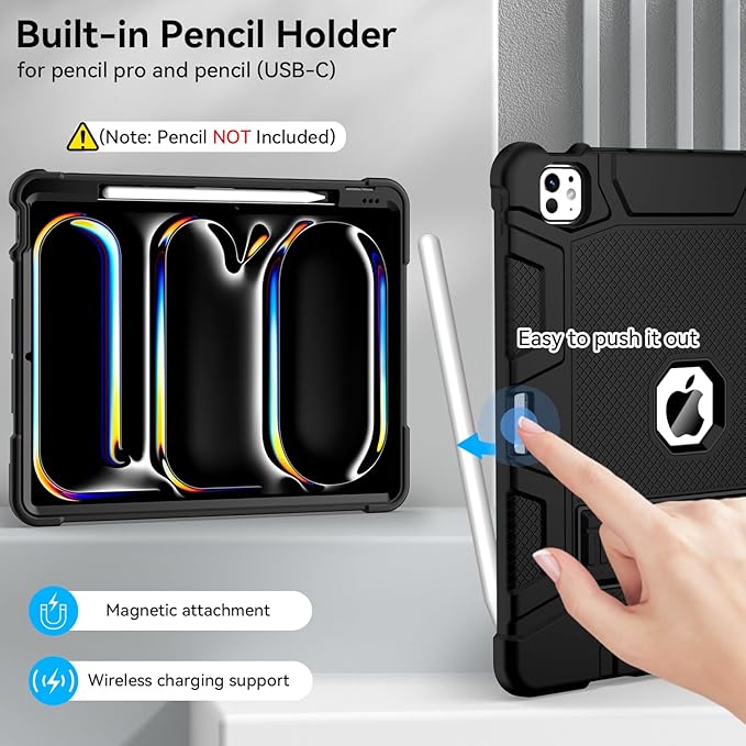 Case for iPad Pro 13 Inch Case (M5 2025/ M4 2024) with Pencil Holder, Built-in Stand, Military Grade Shockproof Protective Cover for iPad Pro 13" 8th/ 7th, Black