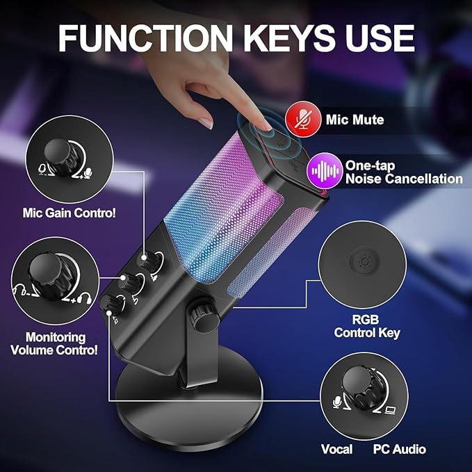 USB Gaming Microphone with Game Chat Balance, RGB Condenser Mic with Noise Cancellation, Quick Mute & Monitoring, for Streaming/Discord/Twitch/Podcast/Videos/ASMR, for PC/Computer/PS4/PS5/Mac