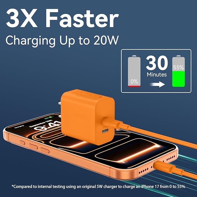 20W Dual Port USB C Charger Block for iPhone 17 16 15 Pro Max Charger Fast Charging with 10FT Long USB C to C Charging Cable Cord for iPhone 17 16 15 Pro Max/17 16 15Pro/15, Android Phone-Orange